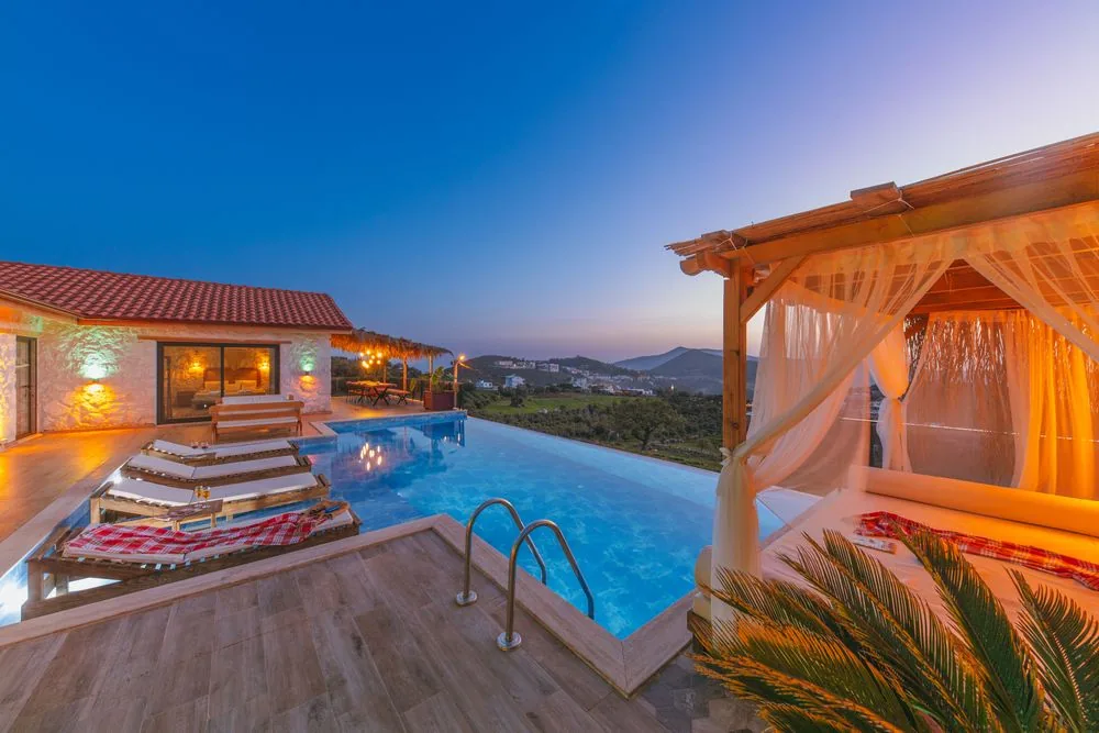 Custom pool and outdoor living space at sunset