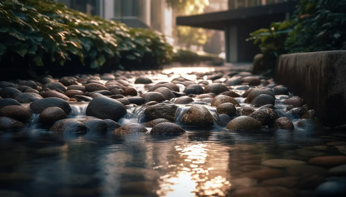 Close-up of a natural stone water feature with water flowing over pebbles