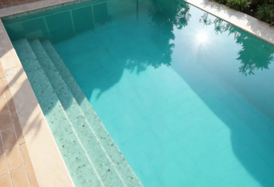 Aerial view of a renovated pool corner with stone paver decking