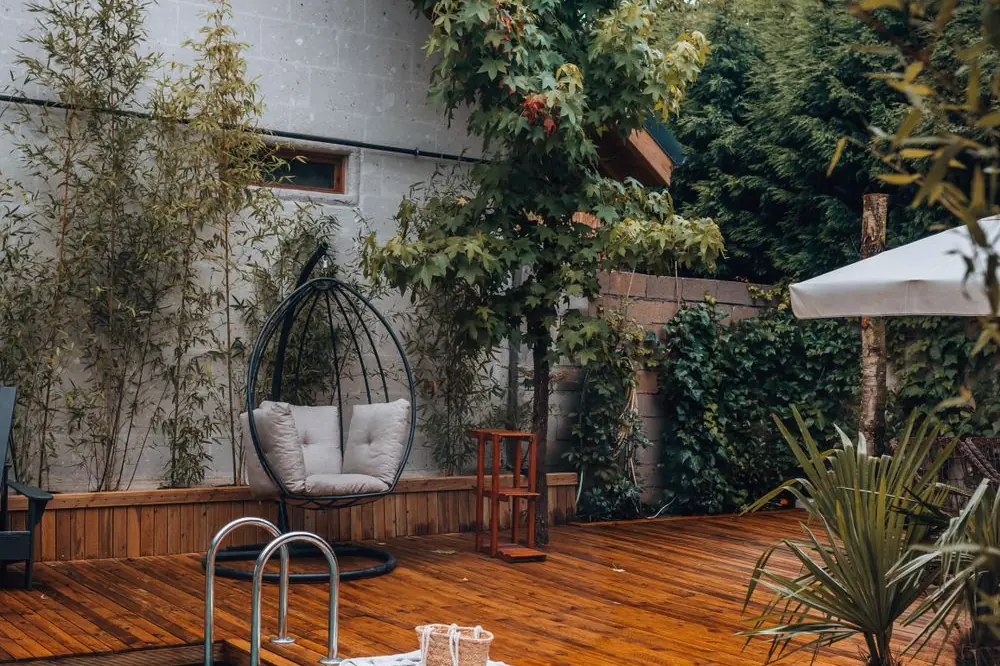 Pool deck backyard retreat, aerial view