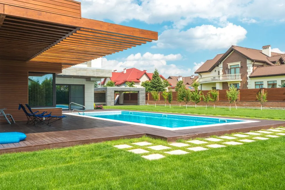 Aerial view of a modern backyard pool
