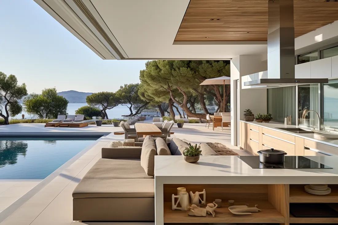 Modern outdoor kitchen counter opening onto a poolside patio with a lake view