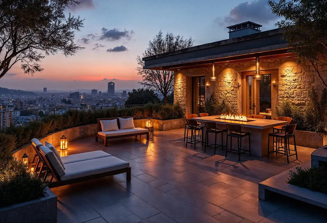 Rooftop lounge patio with a fire pit table at dusk