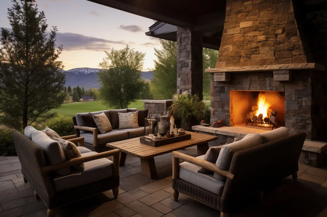 Covered patio with a stone fireplace at dusk
